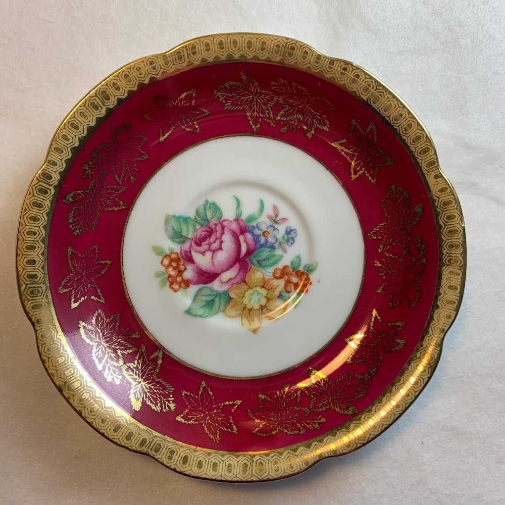 Vintage Floral Porcelain Saucer – Gold Rimmed, Hand-Painted Details